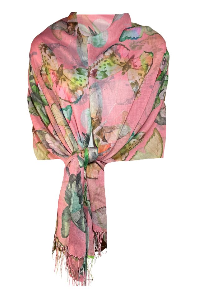 Esarfa cu fluturi din material tip casmir, Dacali, roz bujor, 185 x 75 cm
