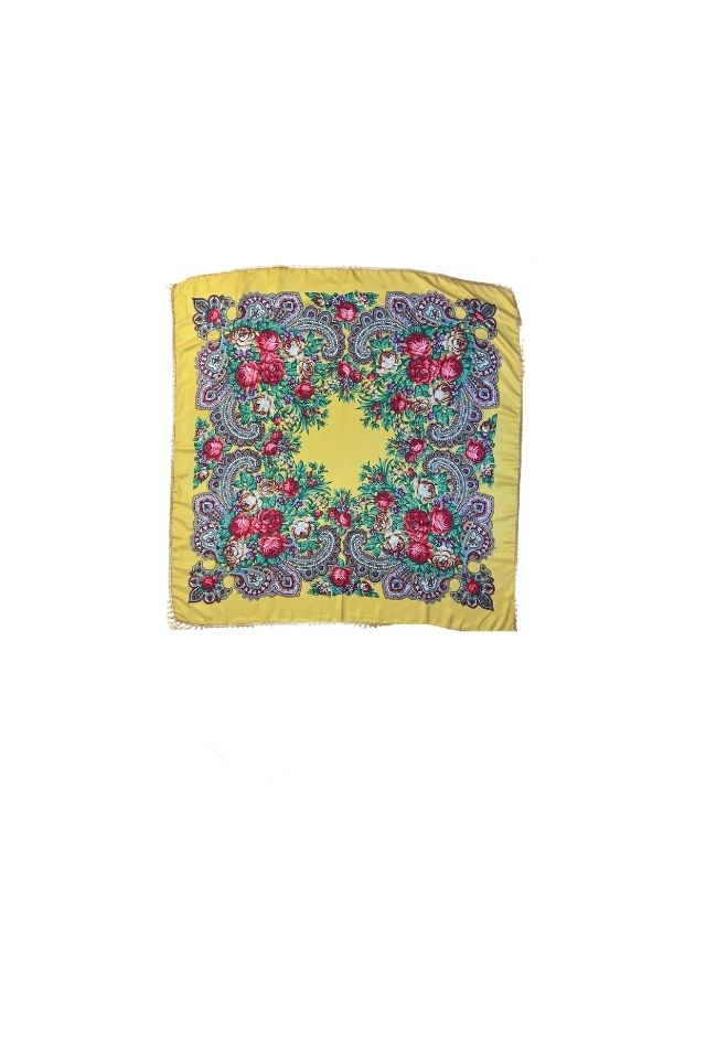 Esarfa tip sal cu flori, Dacali, galben, 107 x107 cm