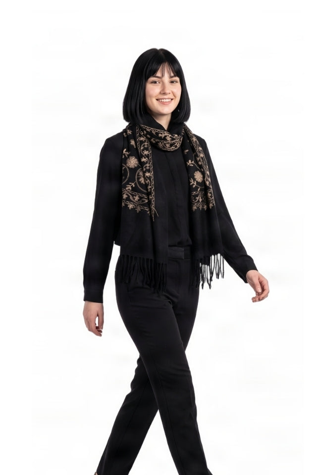 Fular dama de lux brodat uni negru