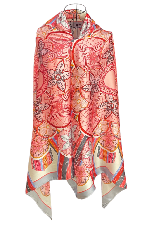 Esarfa tip sal dama 24E din matase vegetala cu atingere de matase fina, roz/gri, 180 x 82 cm