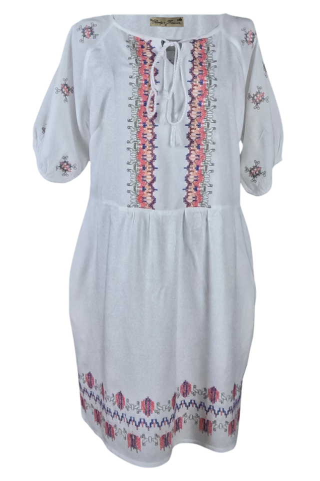 Rochie traditionala R24, alb crystal/roz