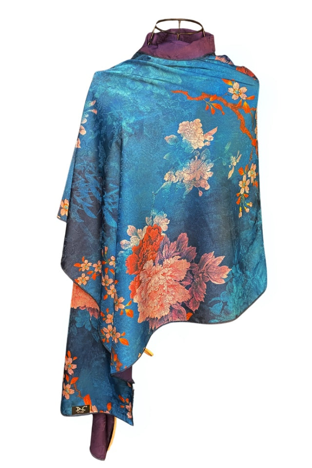 Esarfa de lux din matase naturala, albastru/mov, 180x70cm