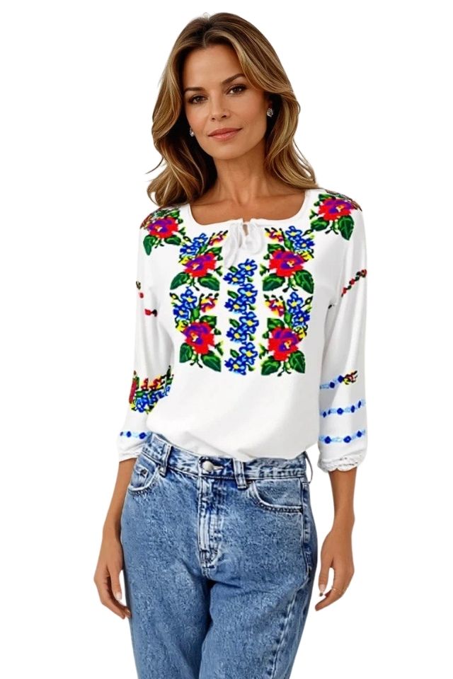 Bluza tip ie traditionala, dama ML 237 alb/albastru cosmic