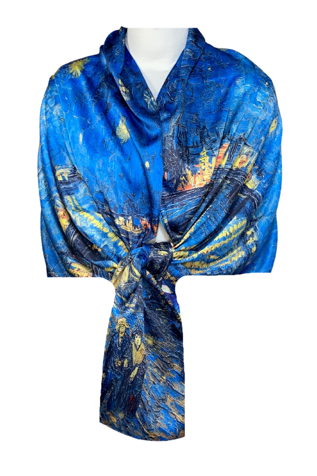 Esarfa tip sal doua fete pictata B, Dacali, matase, albastru inchis, 180x70cm