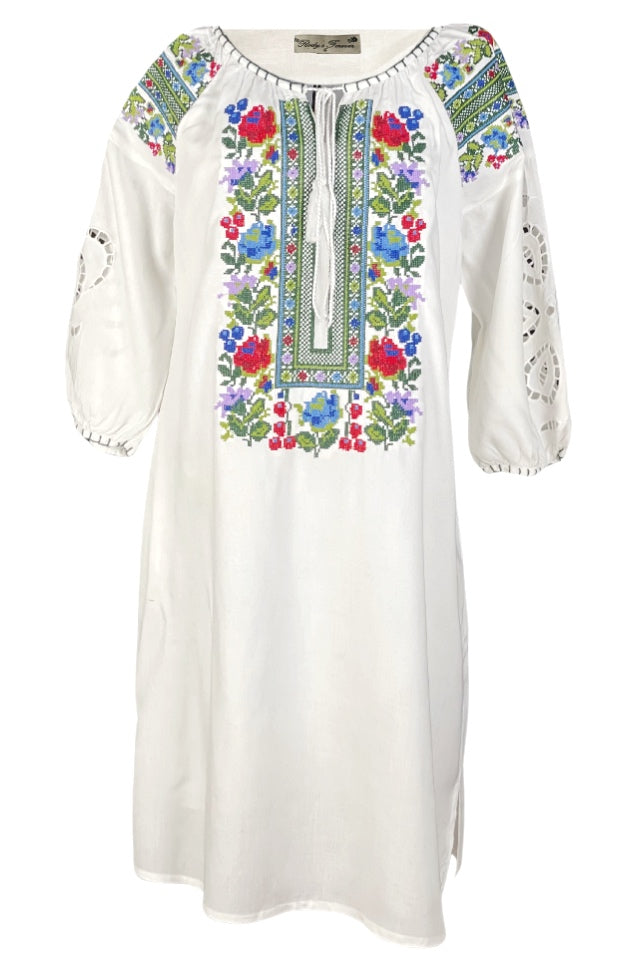 Rochie traditionala dama R24, alb/mov