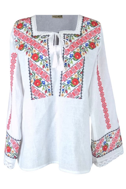 Bluza tip ie traditionala dama DEC, alb/rosu