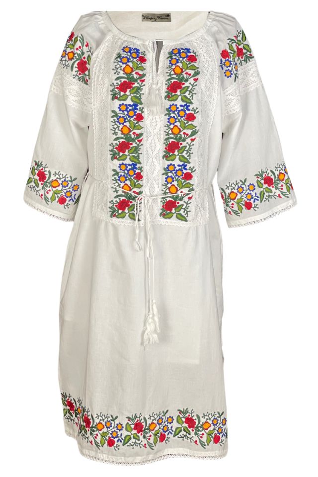 Rochie traditionala dama R24, alb/verde