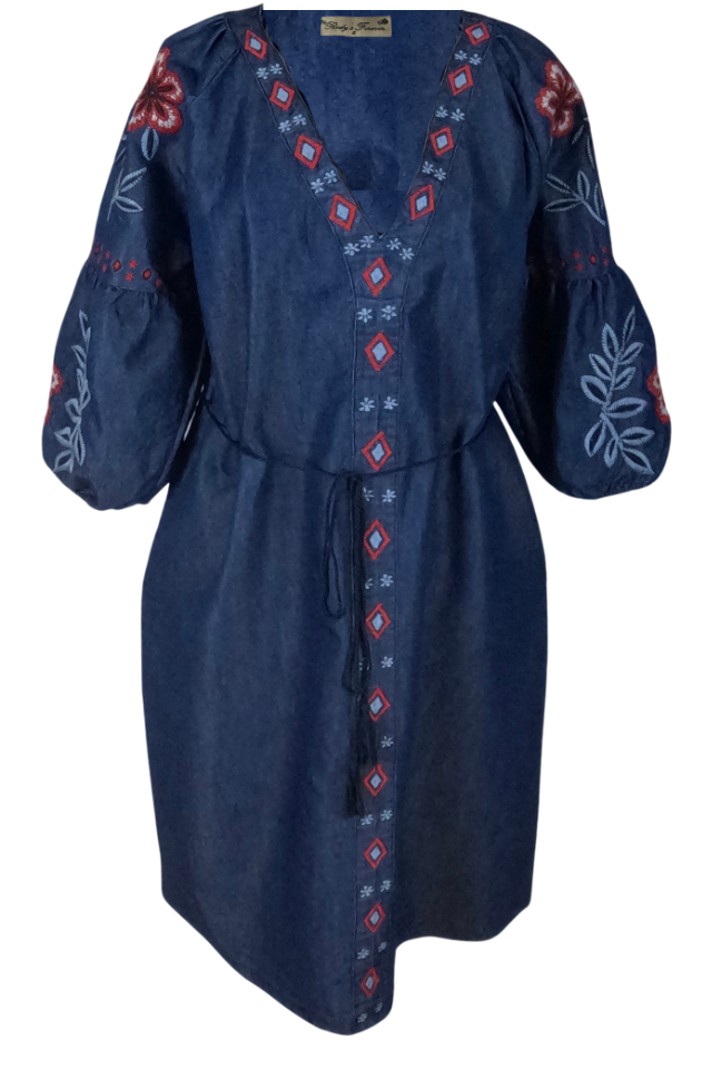 Rochie traditionala dama R, albastru/rosu