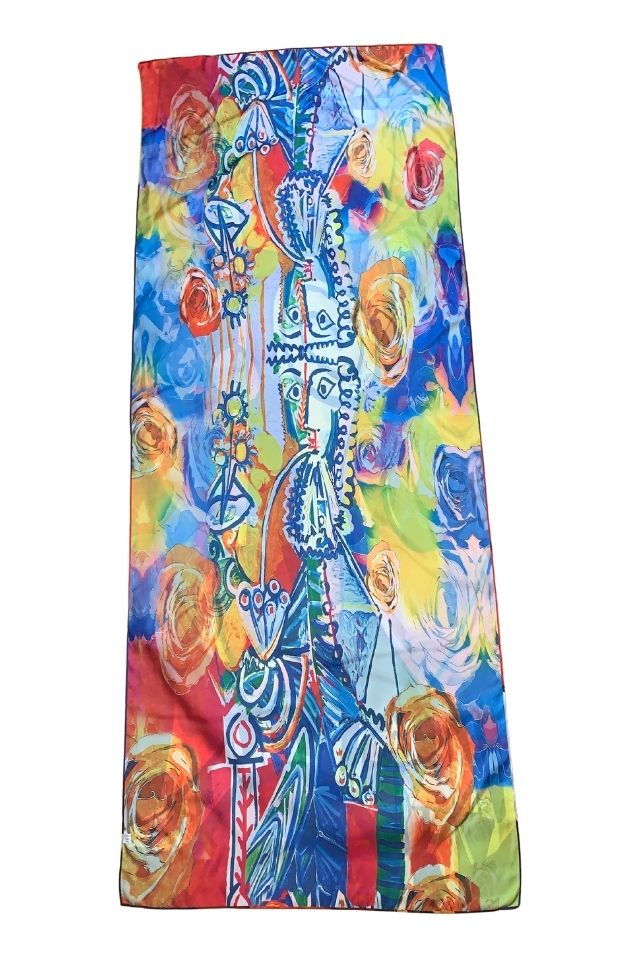 Esarfa tip sal doua fete pictata P2, Dacali, matase, rosu/galben, 180x70cm
