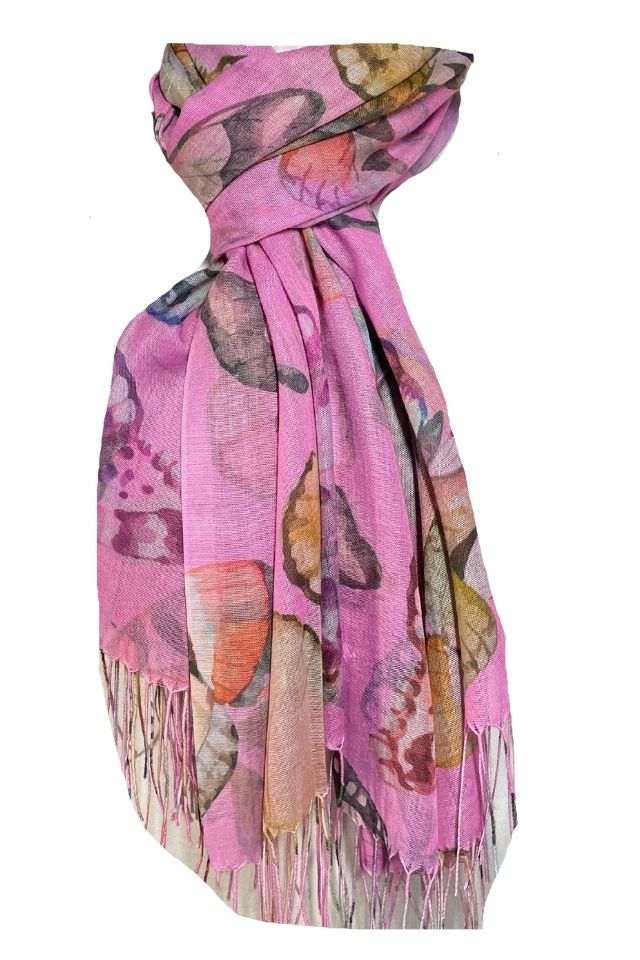 Esarfa cu fluturi din material tip casmir, Dacali, roz deschis, 185 x 75 cm