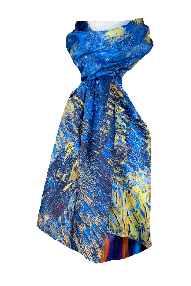 Esarfa tip sal doua fete pictata B, Dacali, matase, albastru inchis, 180x70cm