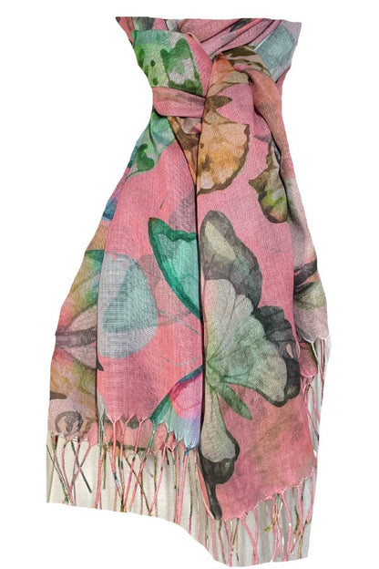 Esarfa cu fluturi din material tip casmir, Dacali, roz bujor, 185 x 75 cm