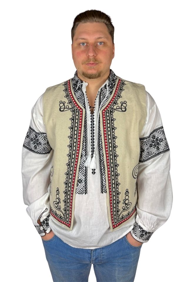 Vesta traditionala barbati bej/rosu