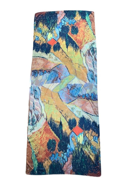 Esarfa tip sal doua fete pictata 3, Dacali, matase, portocaliu/verde inchis, 180x70cm