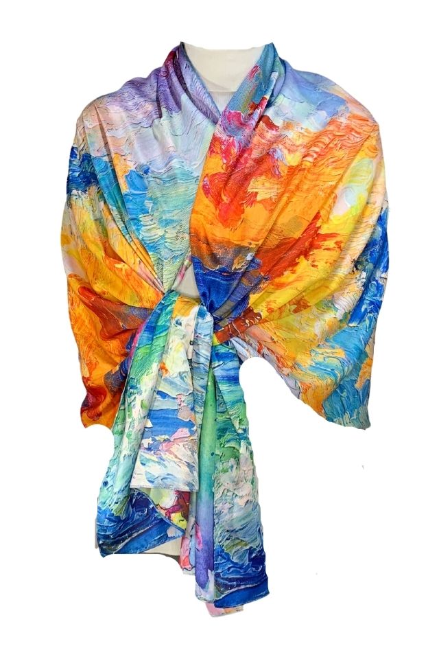 Esarfa tip sal doua fete pictata N, Dacali, matase, galben/albastru, 180x70cm