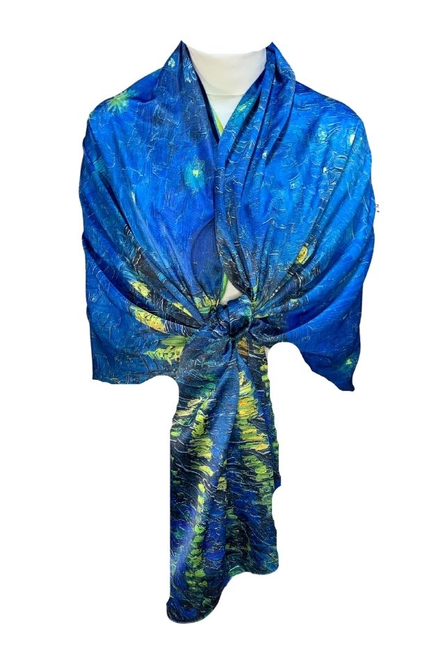 Esarfa tip sal doua fete pictata 12, Dacali, matase, albastru, 180x70cm