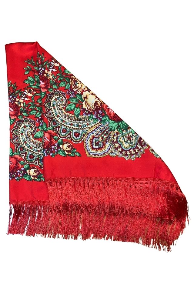 Esarfa tip sal cu flori, Dacali, rosu, 107 x107 cm
