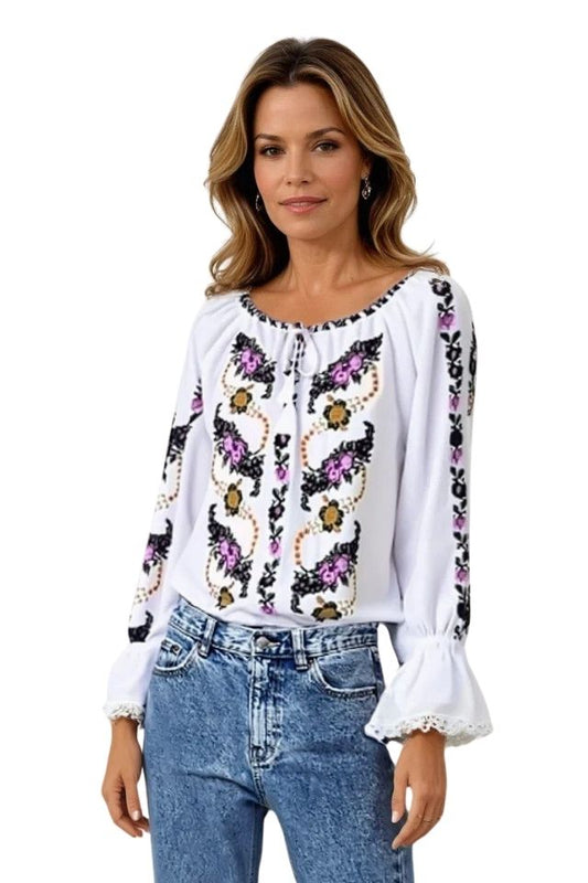 Bluza tip ie traditionala dama DEC, alb crystal/mov