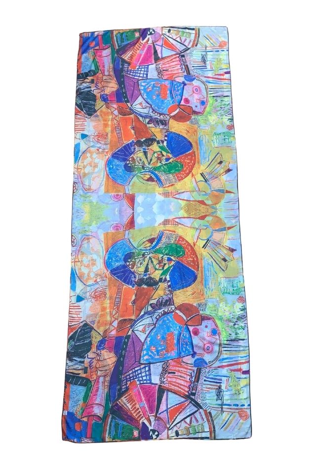 Esarfa tip sal doua fete pictata FP, Dacali, matase, albastru/portocaliu, 180x70cm