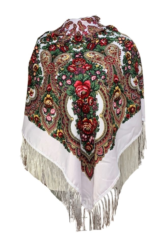 Esarfa tip sal cu flori, Dacali, alb, 107 x107 cm