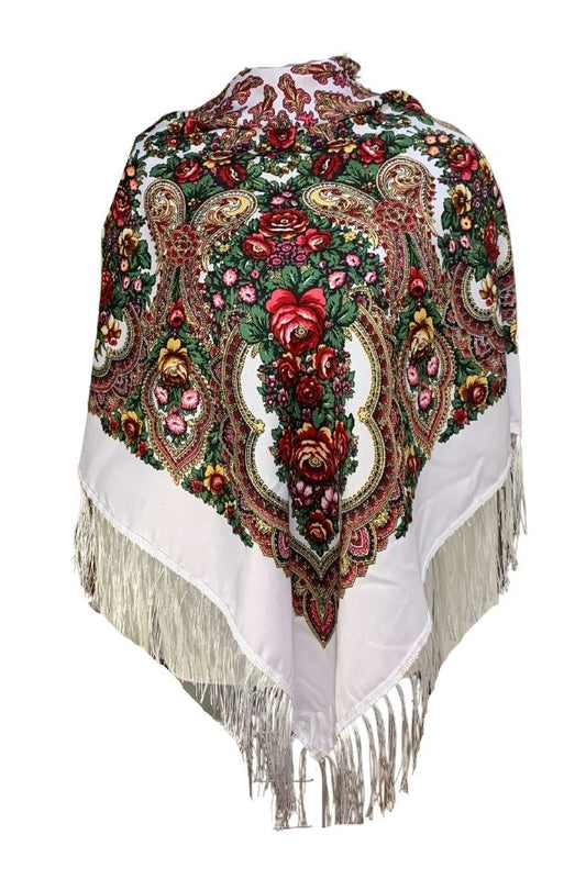 Esarfa tip sal cu flori, Dacali, alb, 107 x107 cm