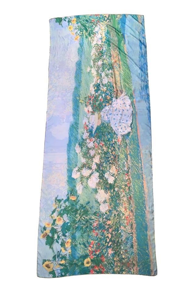 Esarfa tip sal doua fete pictata CO, Dacali, matase, albastru/galben, 180x70cm