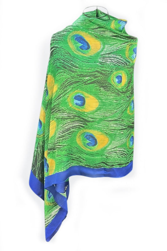 Esarfa tip sal dama 24E din matase vegetala cu atingere de matase fina, verde azur/albastru, 180 x 82 cm