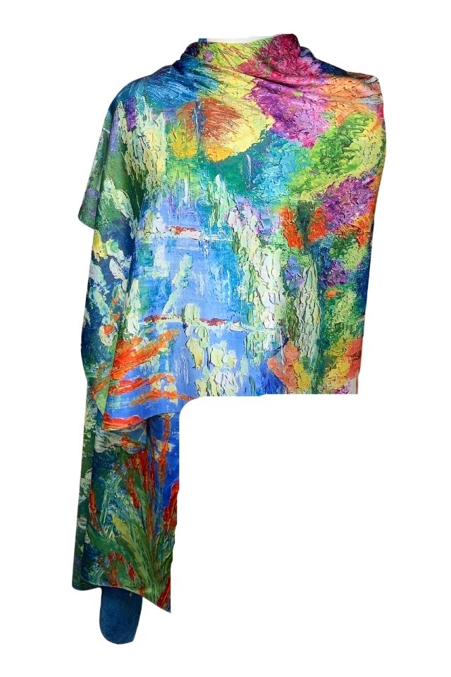 Esarfa tip sal doua fete pictata LP, Dacali, matase, mov/bleu, 180x70cm