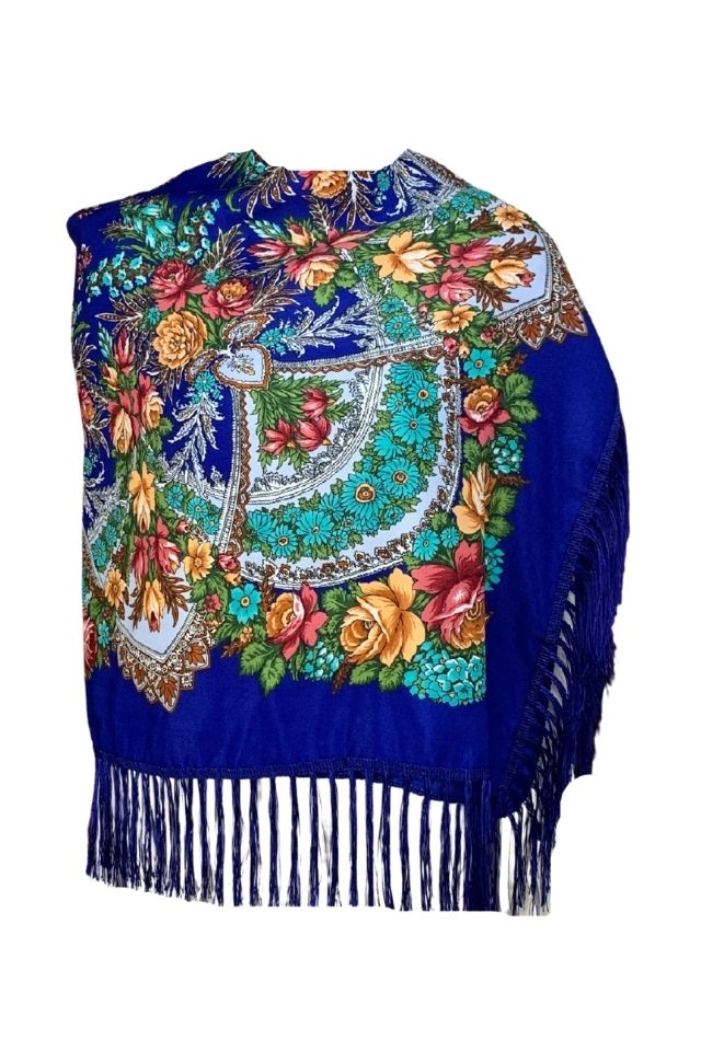 Esarfa tip sal cu flori, Dacali, albastru, 107 x107 cm