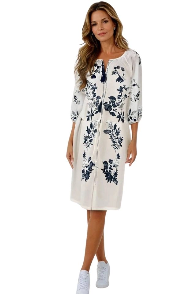 Rochie traditionala dama R25 alb/albastru