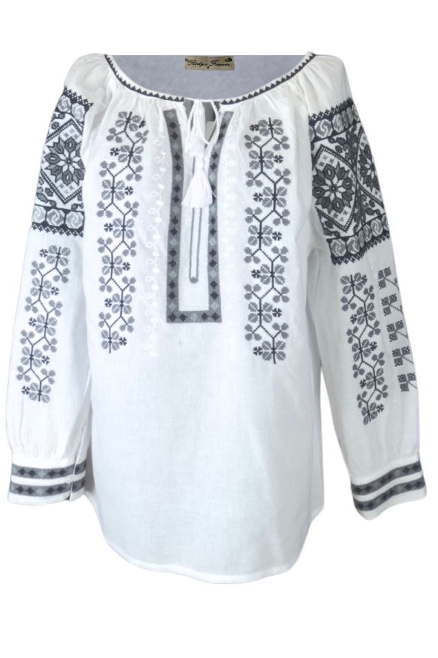Bluza tip ie traditionala dama DEC, alb pur/gri