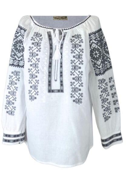 Bluza tip ie traditionala dama DEC, alb pur/gri