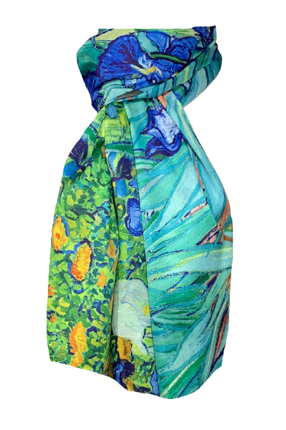 Esarfa tip sal doua fete pictata I, Dacali, matase, albastru/verde, 180x70cm