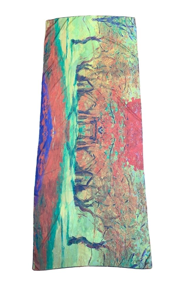 Esarfa tip sal doua fete pictata 3, Dacali, matase, portocaliu/verde inchis, 180x70cm