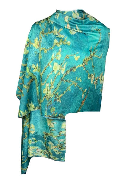 Esarfa tip sal doua fete pictata 15, Dacali, matase, bleu/verde, 180x70cm