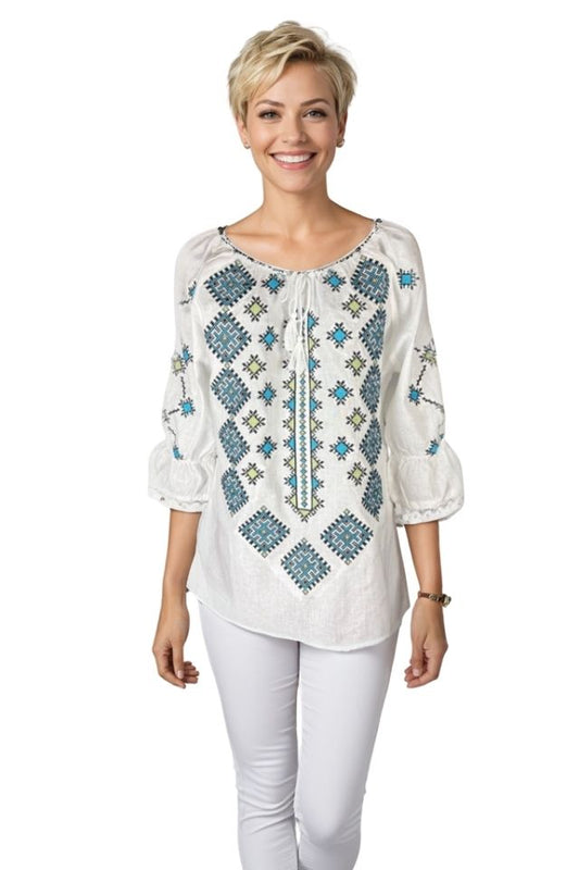 Bluza dama O25 alb/albastru deschis
