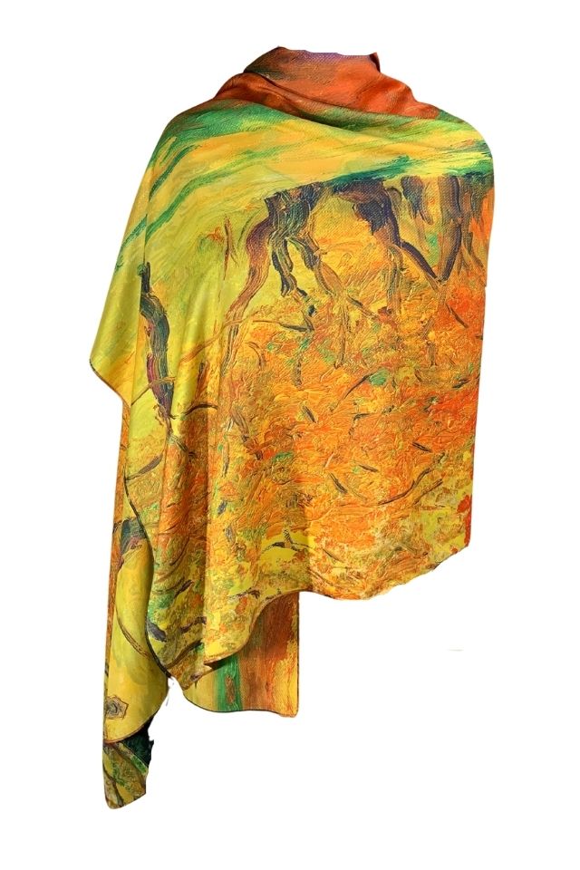 Esarfa tip sal doua fete pictata 3, Dacali, matase, portocaliu/verde inchis, 180x70cm