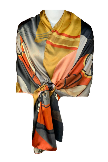 Esarfa tip sal doua fete pictata P, Dacali, matase, galben/gri, 180x70cm