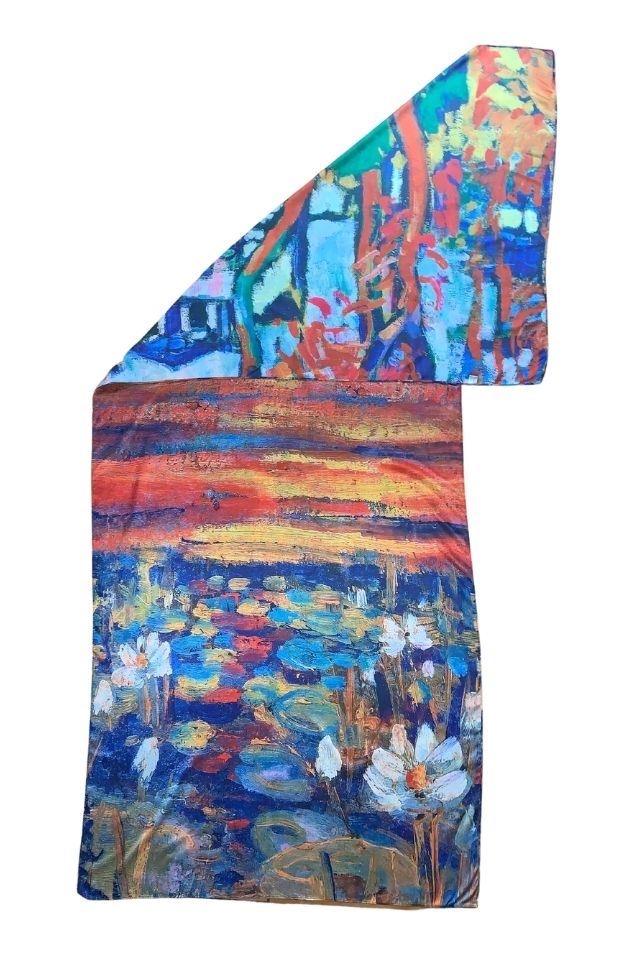 Esarfa tip sal doua fete pictata NA, Dacali, matase, portocaliu/rosu, 180x70cm