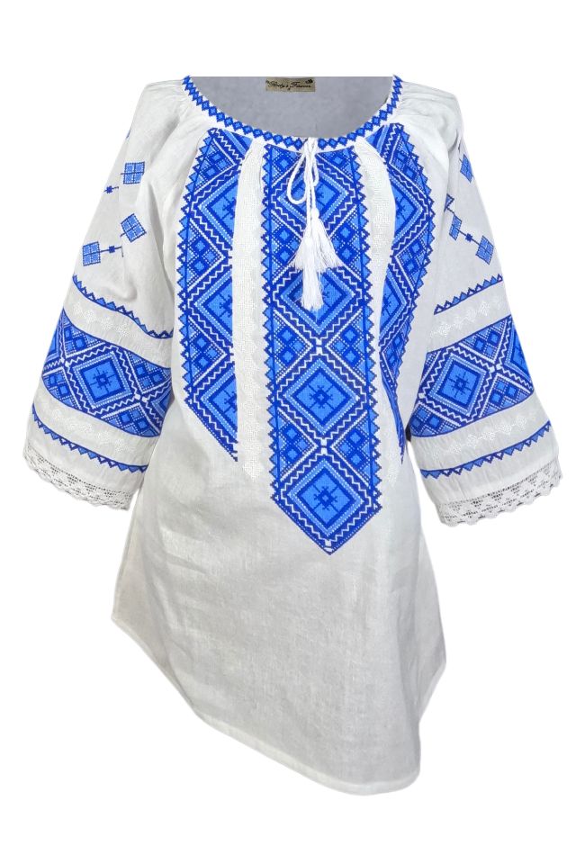 Bluza dama tip ie 024, alb neted/albastru royal