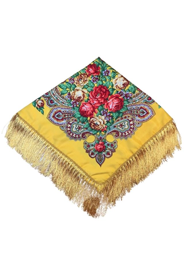 Esarfa tip sal cu flori, Dacali, galben, 107 x107 cm