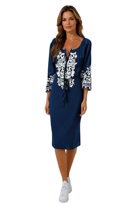 Rochie traditionala dama R, albastru/alb