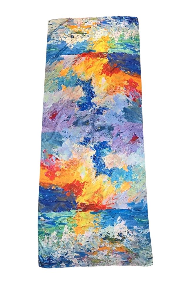 Esarfa tip sal doua fete pictata N, Dacali, matase, galben/albastru, 180x70cm