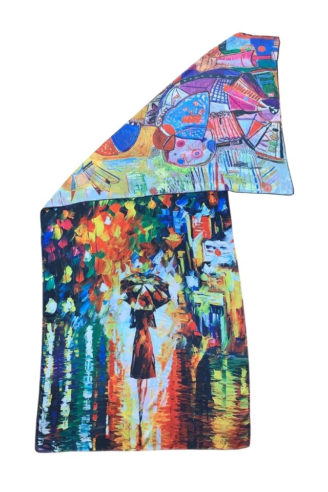 Esarfa tip sal doua fete pictata FP, Dacali, matase, albastru/portocaliu, 180x70cm