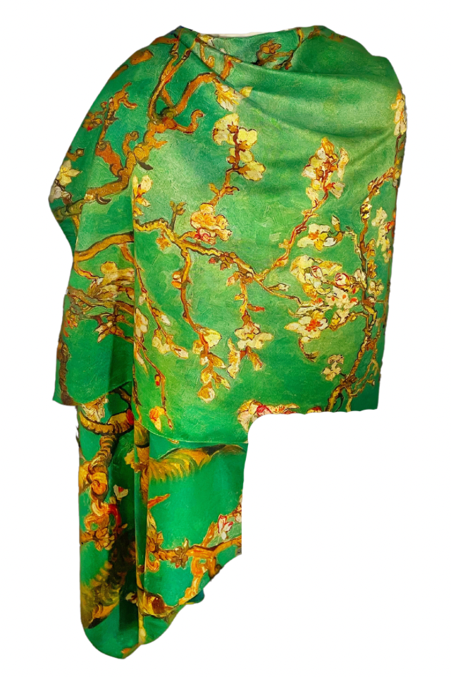 Esarfa tip sal doua fete pictata 15, Dacali, matase, bleu/verde, 180x70cm