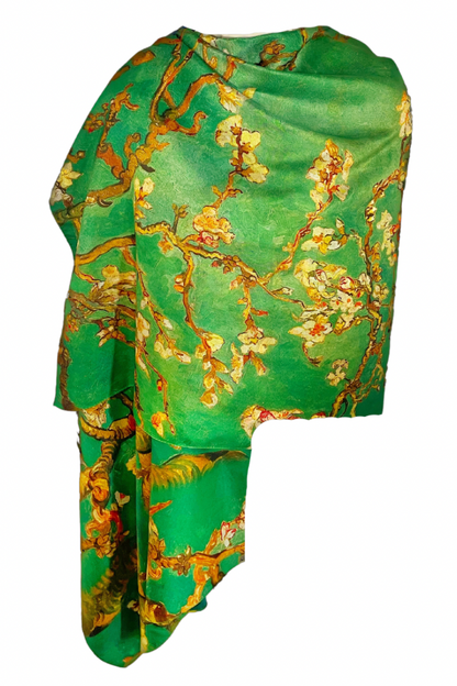 Esarfa tip sal doua fete pictata 15, Dacali, matase, bleu/verde, 180x70cm