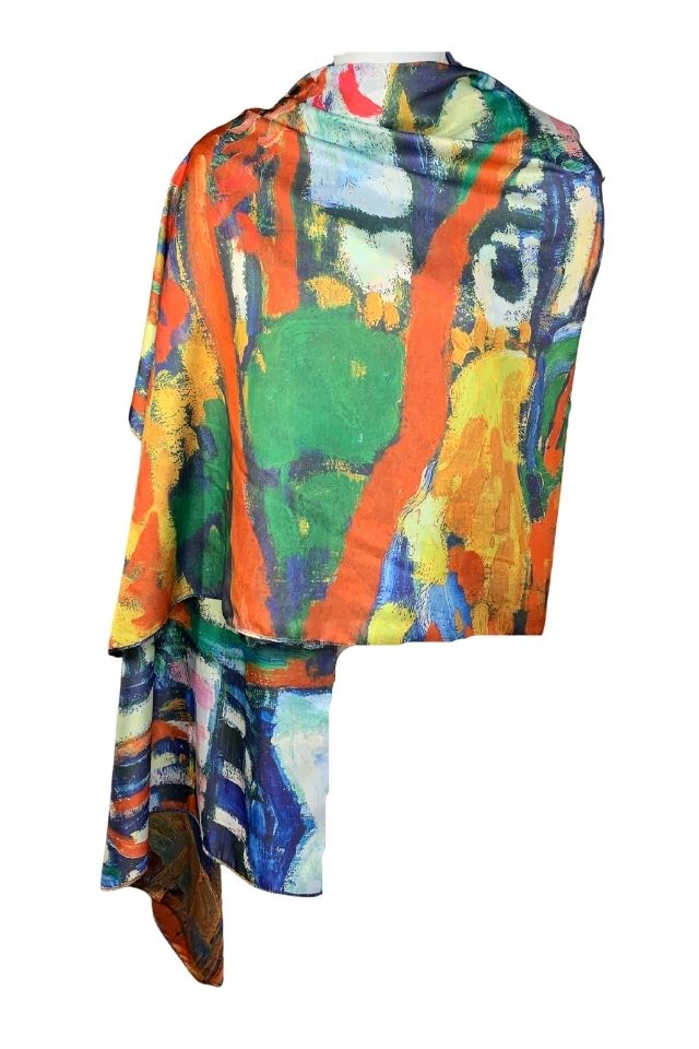 Esarfa tip sal doua fete pictata NA, Dacali, matase, portocaliu/rosu, 180x70cm