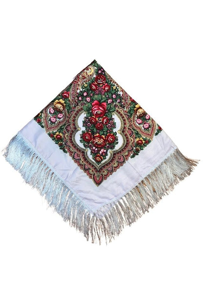 Esarfa tip sal cu flori, Dacali, alb, 107 x107 cm