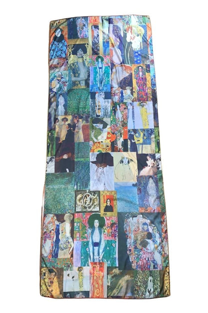 Esarfa tip sal doua fete pictata P, Dacali, matase, galben/gri, 180x70cm