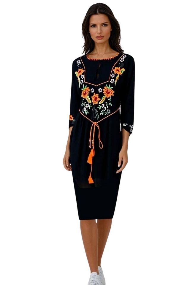 Rochie traditionala dama R, negru mahon/portocaliu